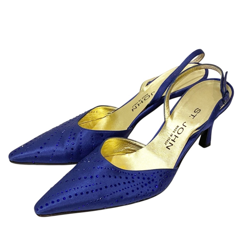 ST. JOHN Sapphire Blue Satin Size 8 Sling‎ Backs ITALY Jeweled Pump Shoe